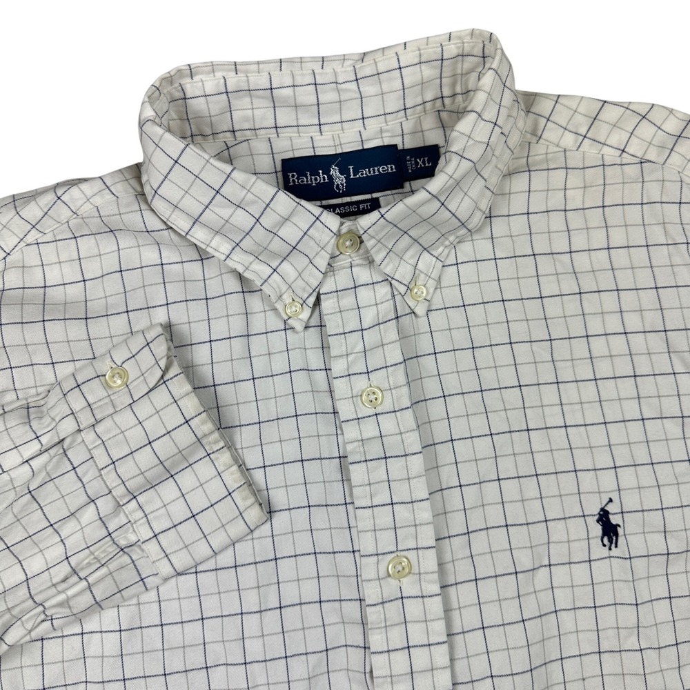 Ralph Lauren Mens XL Classic Fit Button Down Shirt White Navy Windowpane Check